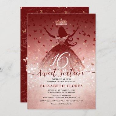 Elegant Burgundy Flowers Rose Gold Sweet 16 Invitations