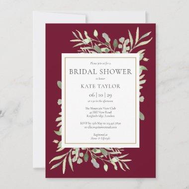 Elegant Burgundy Gold Greenery Bridal Shower Invitations