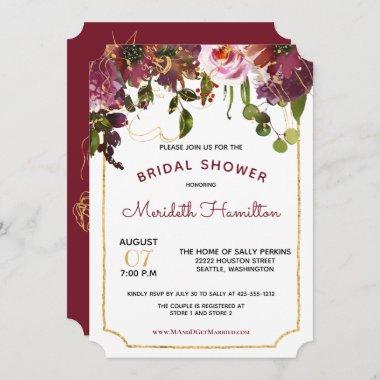 Elegant Burgundy Gold Pink Floral Bridal Shower Invitations