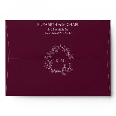 Elegant Burgundy Leafy Crest Monogram Wedding Envelope