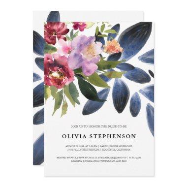 Elegant Burgundy Navy Blue Botanical Bridal Shower Invitations