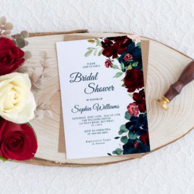 Elegant Burgundy & Navy Blue Flowers Bridal Shower Invitations