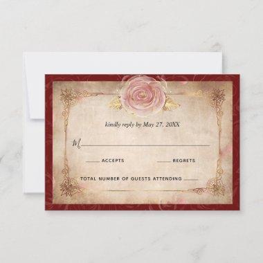 Elegant Burgundy Pink Rose Gold Rustic Wedding RSVP Card