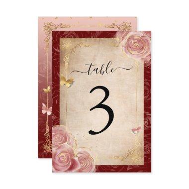 Elegant Burgundy Pink Rose Gold Table Number Cards