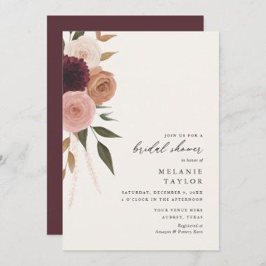 Elegant Burgundy Plum Floral Bridal Shower Invitations