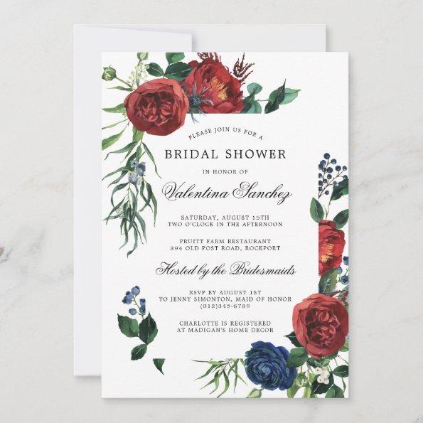 Elegant Burgundy Red Blue Floral Bridal Shower Invitations