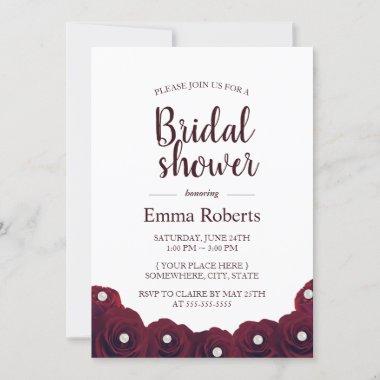 Elegant Burgundy Rose & Pearl Floral Bridal Shower Invitations