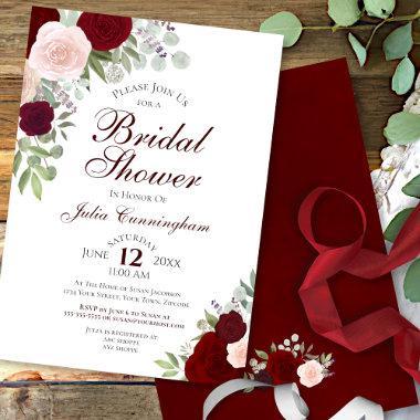 Elegant Burgundy Watercolor Floral Bridal Shower Invitations