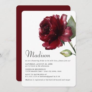 Elegant Burgundy Watercolor Flower Bridal Shower Invitations
