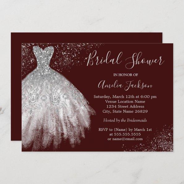 Elegant Burgundy Wedding Gown Bridal Shower Invitations