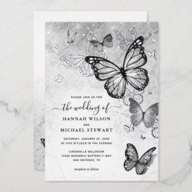 Elegant Butterfly Wedding Real Silver Foil Invitations