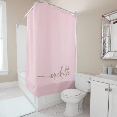 Elegant Calligraphy Gold Script Monogram Blush Shower Curtain