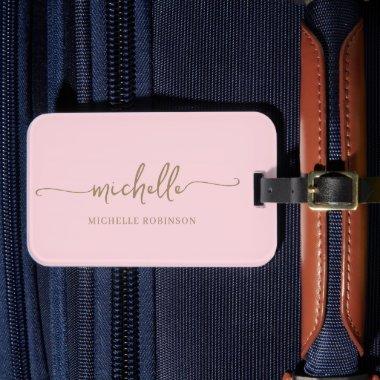 Elegant Calligraphy Gold Script Monogram Name Pink Luggage Tag