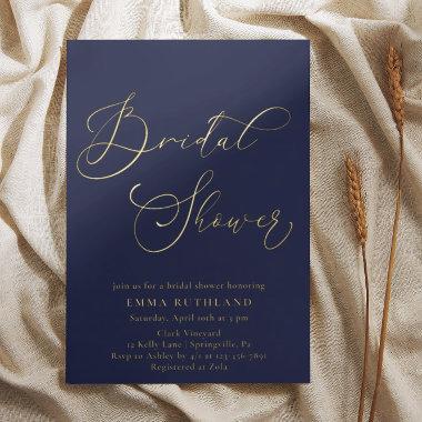 Elegant Calligraphy Navy and Gold Bridal Shower Foil Invitations