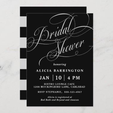 Elegant Calligraphy Script on Black Bridal Shower Invitations
