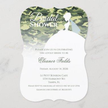 Elegant Camo Print with White Dress Bridal Shower Invitations