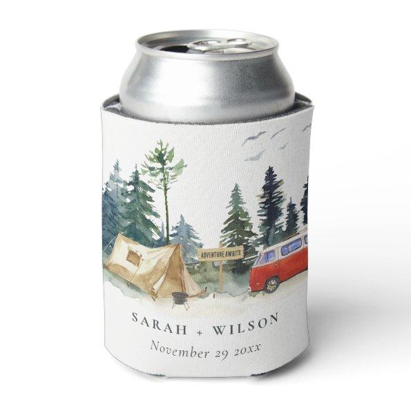 Elegant Camping Watercolor Pine Forest Wedding Can Cooler