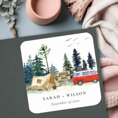 Elegant Camping Watercolor Pine Forest Wedding Square Sticker