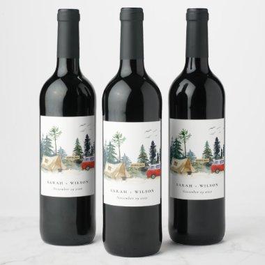 Elegant Camping Watercolor Pine Forest Wedding Wine Label