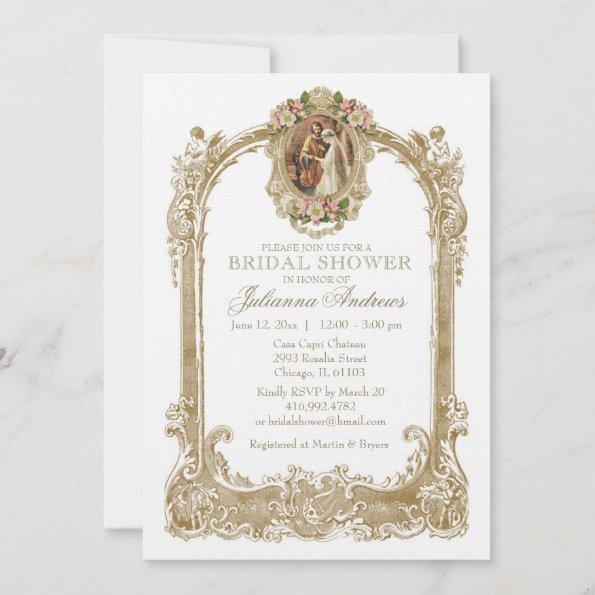 Elegant Catholic Bridal Shower Gold Floral Invita Invitations