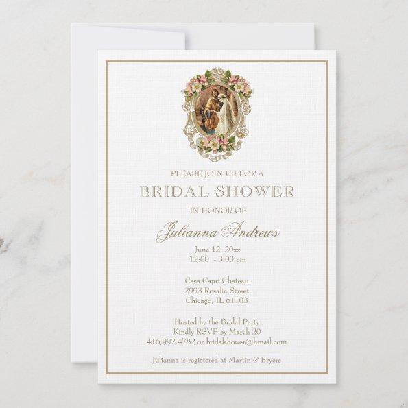 Elegant Catholic Bridal Shower Gold Floral Invitations