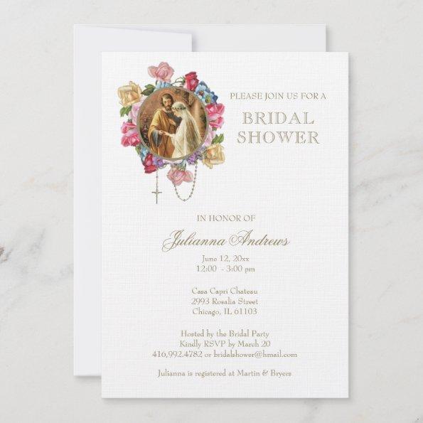 Elegant Catholic Bridal Shower Roses Rosary Invitations