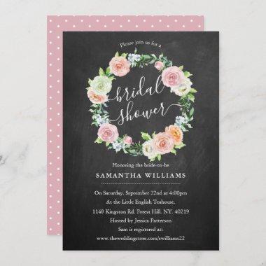 Elegant Chalkboard Floral Wreath Bridal Shower Invitations