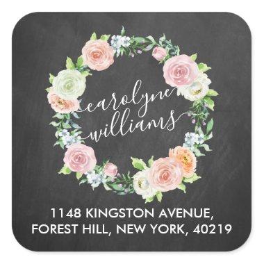 Elegant Chalkboard Floral Wreath Return Address Square Sticker