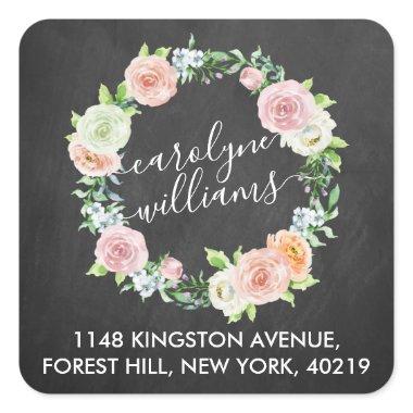 Elegant Chalkboard Floral Wreath Return Address Square Sticker