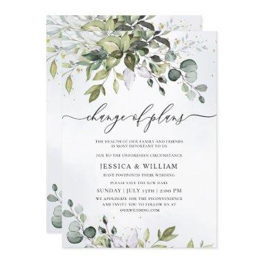 Elegant Change of Plans Eucalyptus Watercolor Invitations