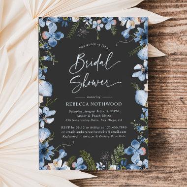Elegant Charcoal Dusky Blue Florals Bridal Shower Invitations