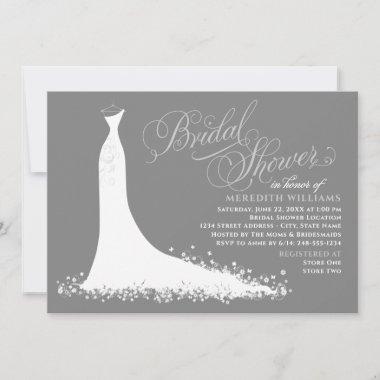 Elegant Charcoal Gray Wedding Gown Bridal Shower Invitations
