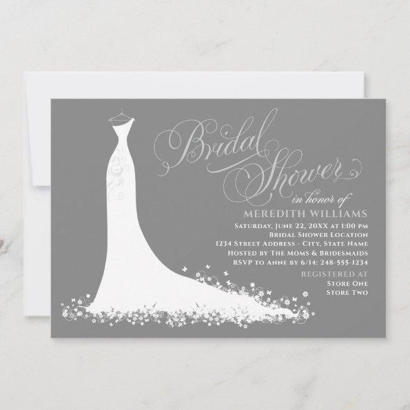 Elegant Charcoal Gray Wedding Gown Bridal Shower Invitations