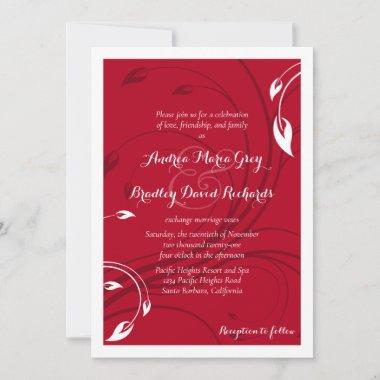 Elegant Cherry Red White Abstract Floral Wedding Invitations