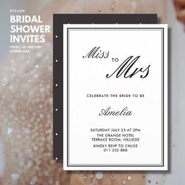 Elegant Chic Black and White Script Bridal Shower Invitations