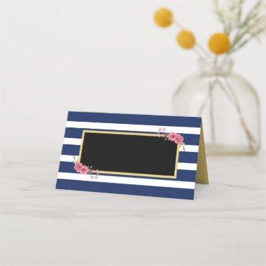 Elegant Chic Blue Stripes with Watercolor Flowers Place Invitations