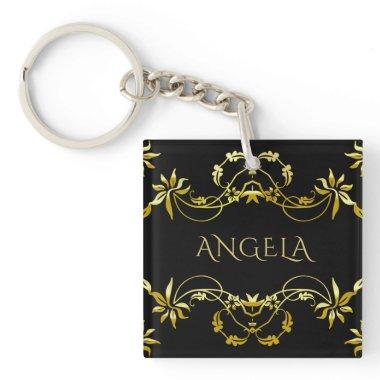 Elegant Chic Fancy Gold Ornate Frame On Black Keychain