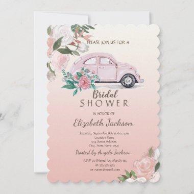 Elegant,Chic Flowers Pink Car Bridal Shower Invitations