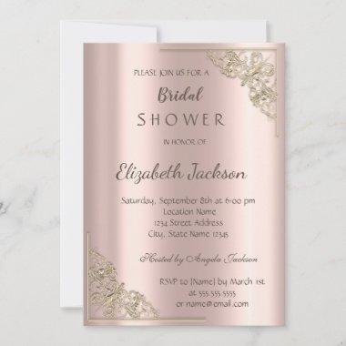Elegant Chic Gold Frame Rose Gold Bridal Shower Invitations