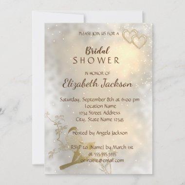 Elegant Chic Gold Hearts, Birds Bridal Shower Invitations