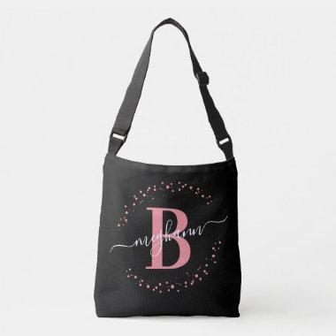 Elegant Chic Pink Black Name Monogrammed Script Crossbody Bag