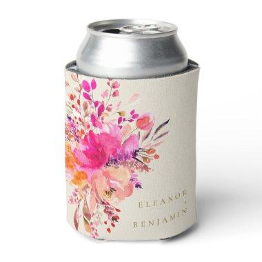 Elegant Chic Pink Watercolor Floral Wedding Custom Can Cooler