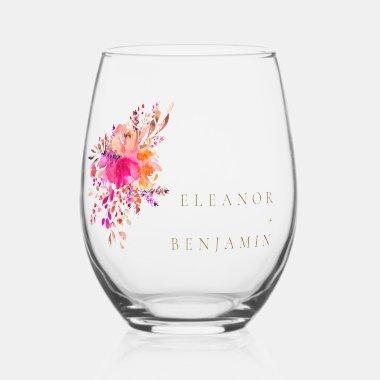 Elegant Chic Pink Watercolor Floral Wedding Custom Stemless Wine Glass