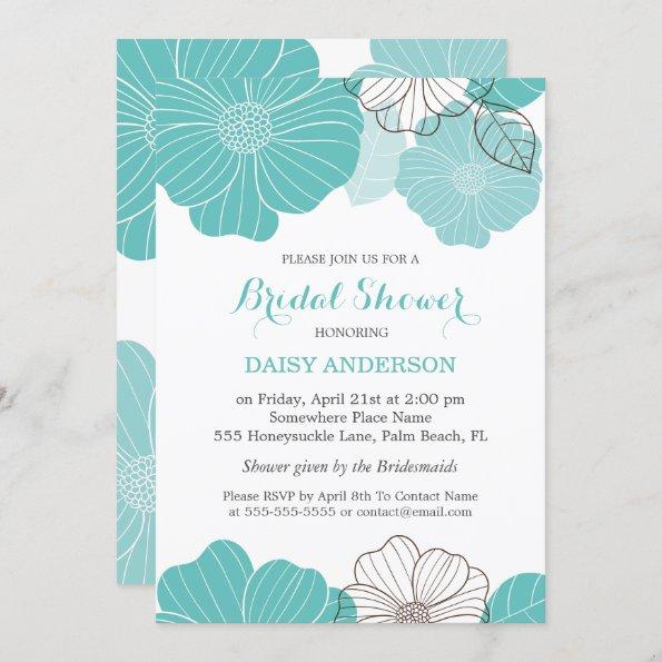Elegant Chic Turquoise Green Floral Bridal Shower Invitations