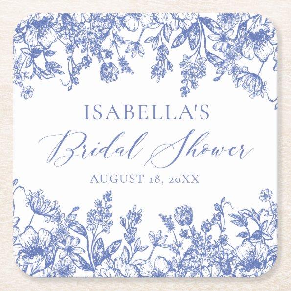Elegant Chinoise Dusty Blue Floral  Square Paper Coaster