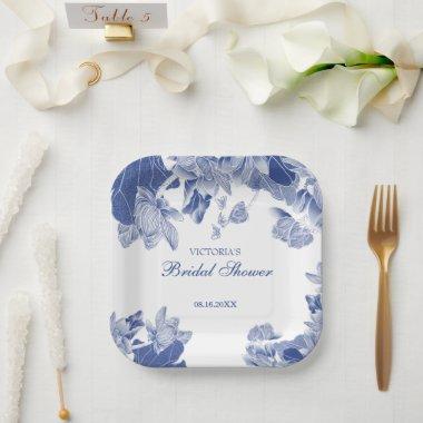 Elegant Chinoiserie Chic Blue White Floral Design Paper Plates