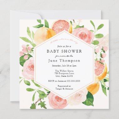 Elegant Citrus Pink Floral Bridal Shower Invitations