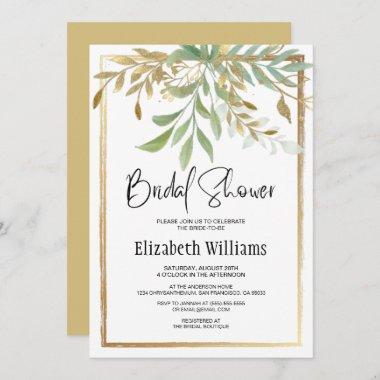 Elegant Classic Border Gold&Greenery Bridal Shower Invitations