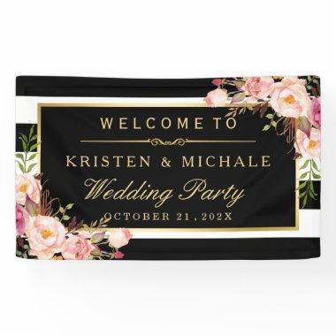 Elegant Classy Floral Black Stripes Wedding Party Banner