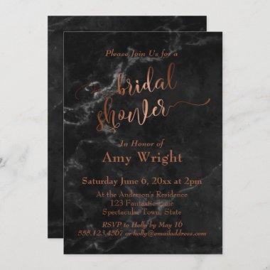 Elegant Copper Script Bridal Shower Black Marble Invitations